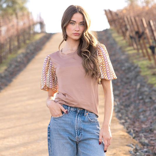 Solid Top with Multi Fabric Short Sleeve