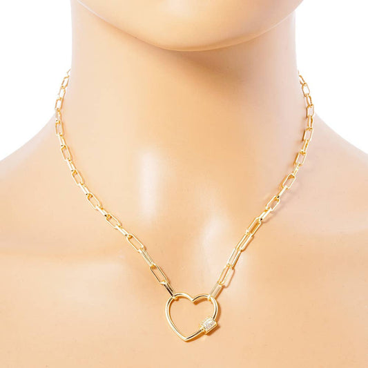 Gold Dipped CZ Open Heart Carabiner Pendant Chain Necklace