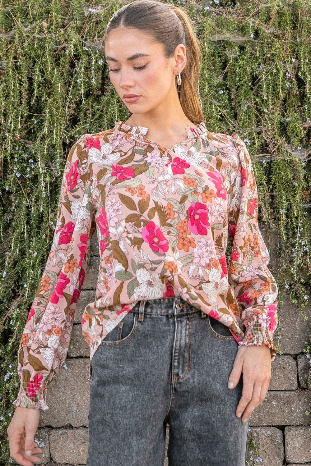 Floral Top V Neck With Smocked Sleeves