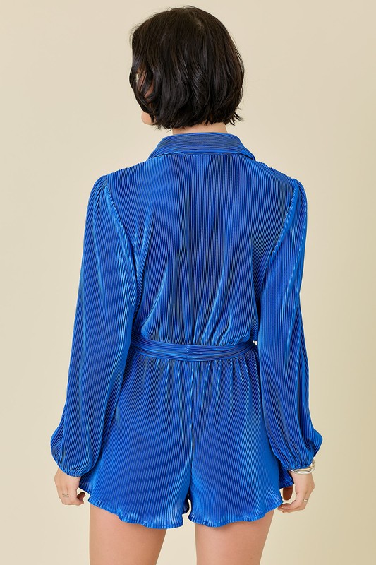 Long Sleeve Collar Neck Button Down Plisse Romper