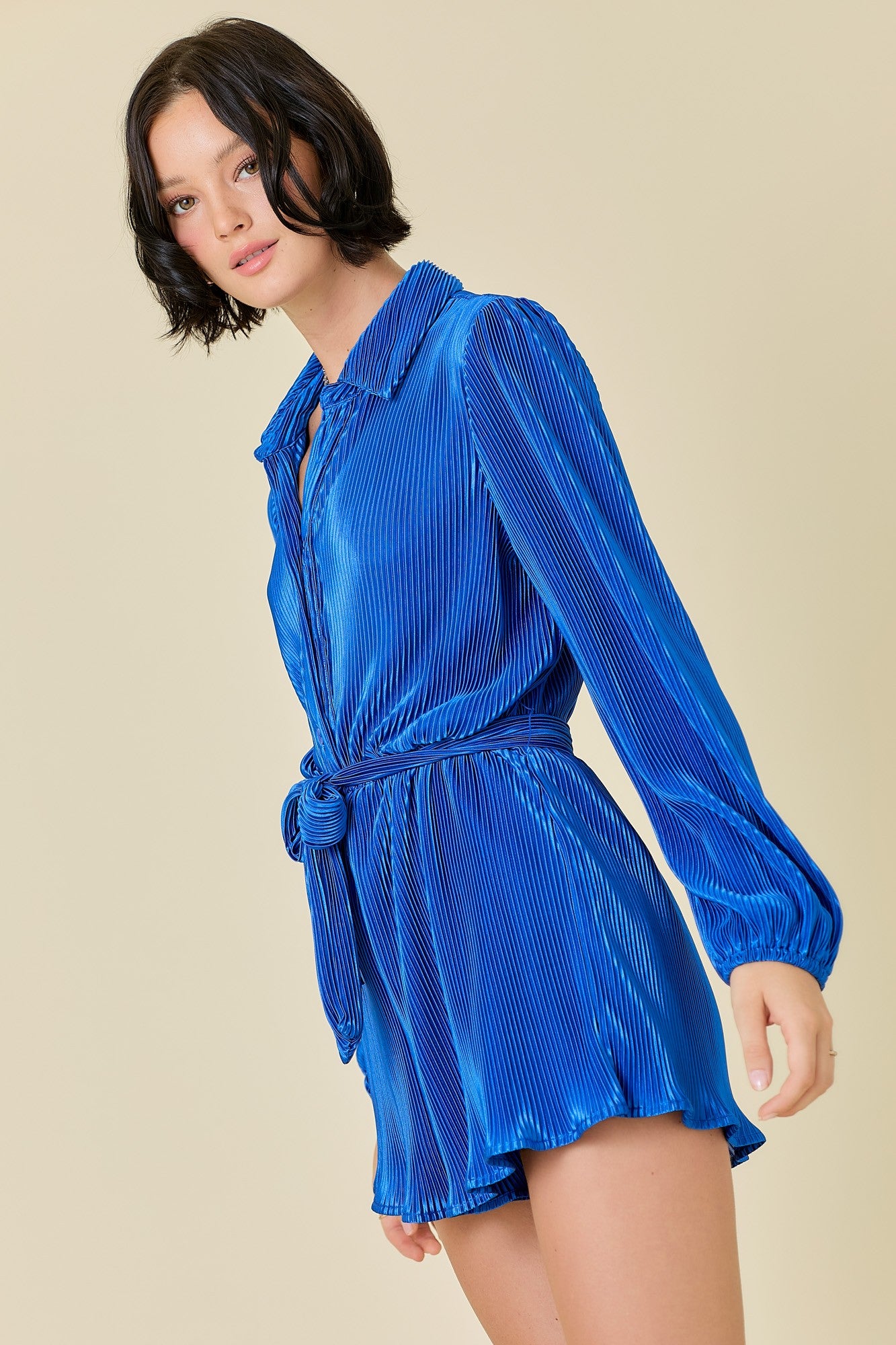 Long Sleeve Collar Neck Button Down Plisse Romper