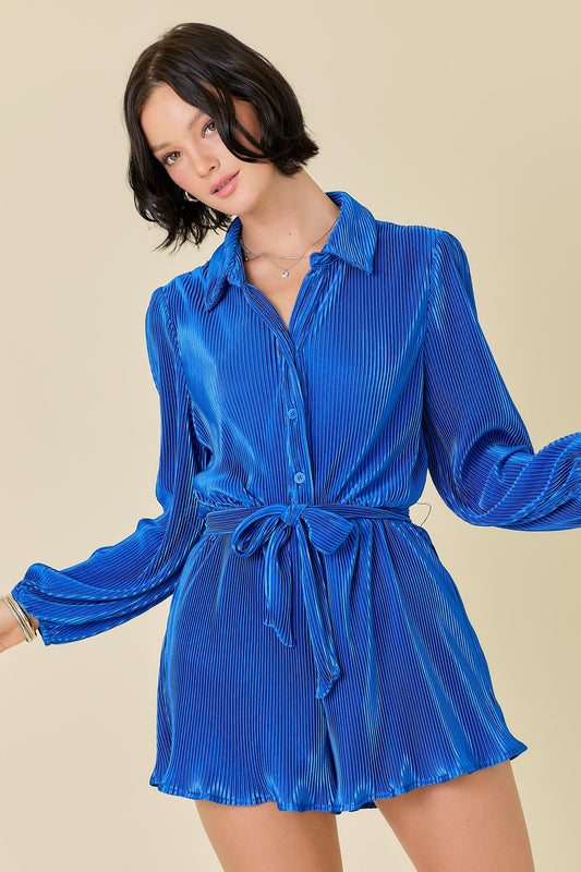 Long Sleeve Collar Neck Button Down Plisse Romper