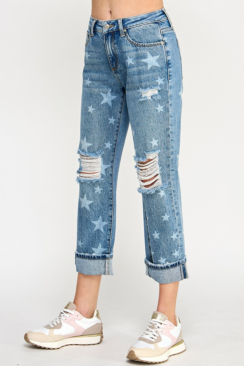Mid Rise Slim Boyfriend With Star Print