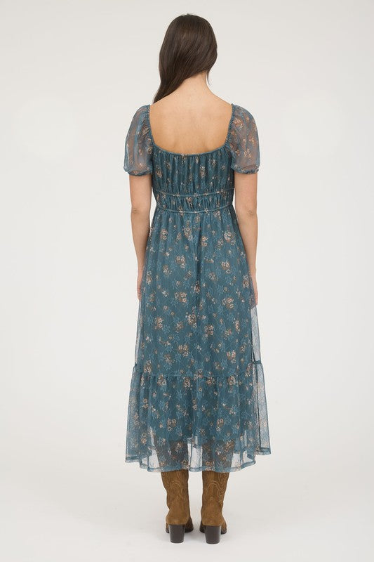 Sheer Floral Puff Sleeve Front Tie Midi Dress