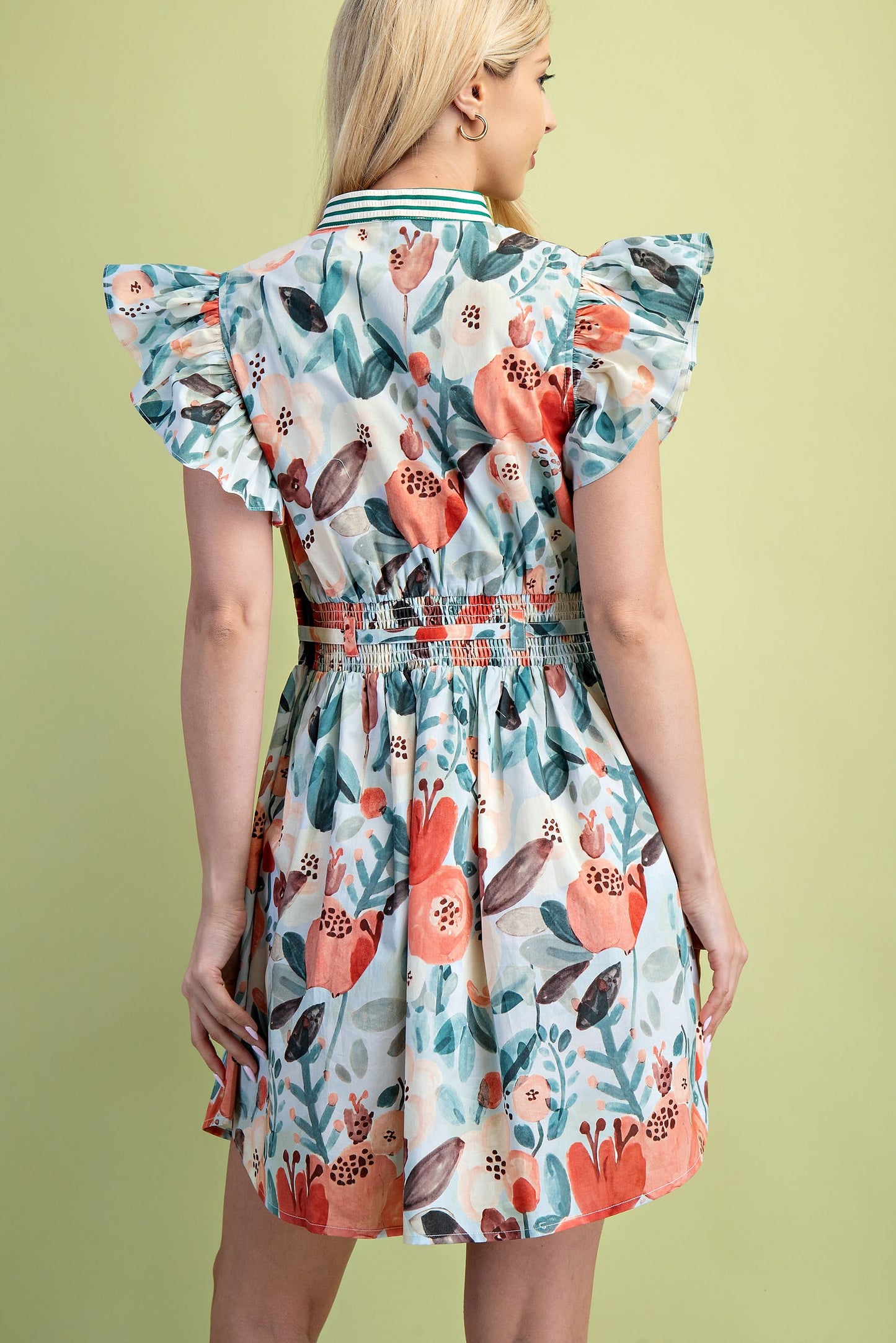 Floral Ruffle Sleeve Pintucked Dress
