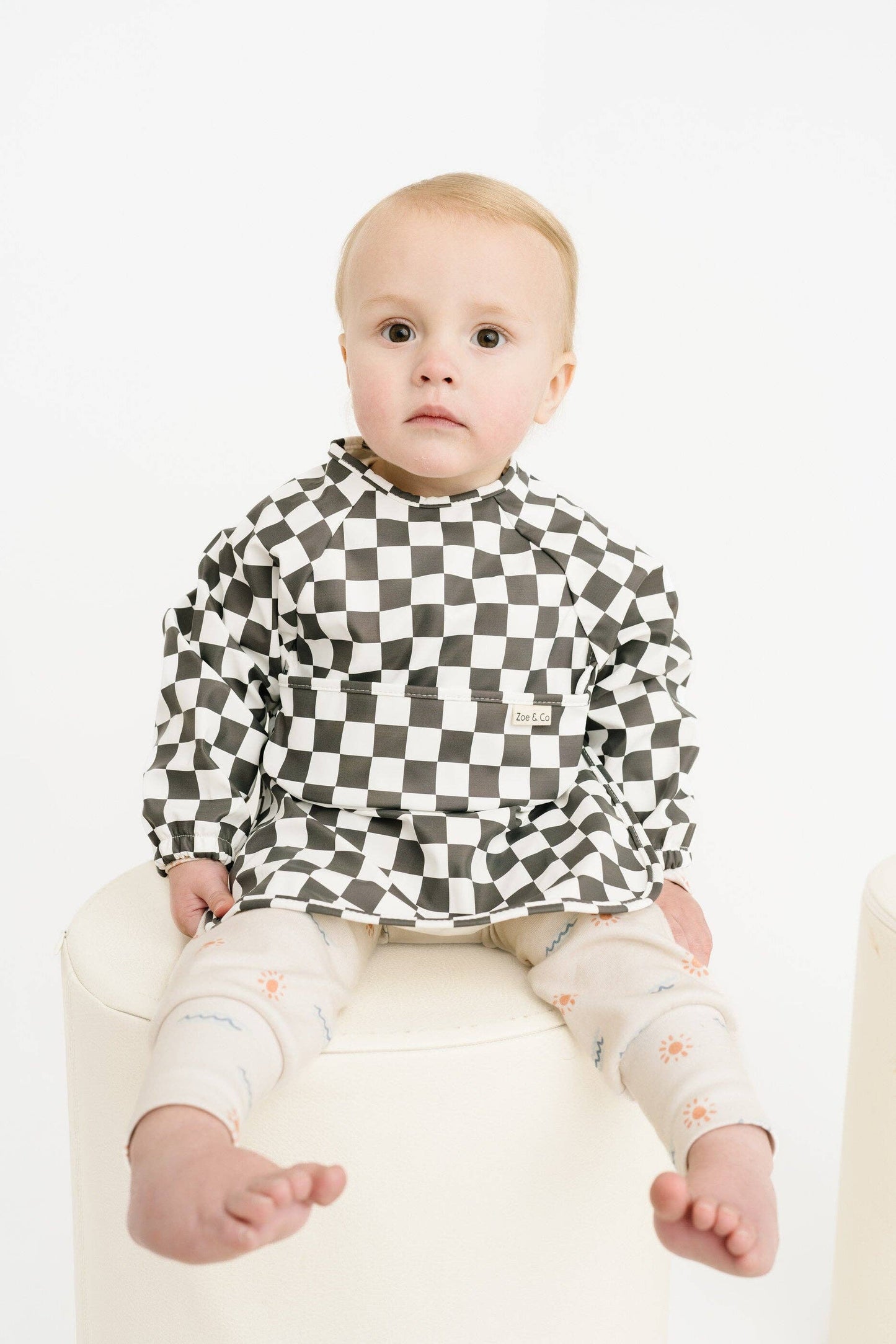 og checkered bib – long sleeve waterproof baby bib with food catcher pocket