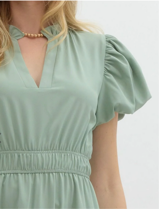 Ruffled Round Neck Tiered Midi Dress with Bubble Sleeve