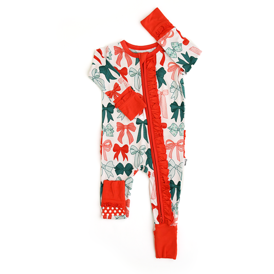 Belle Bows RUFFLE ZIP Christmas Bamboo Baby One Piece Outfit