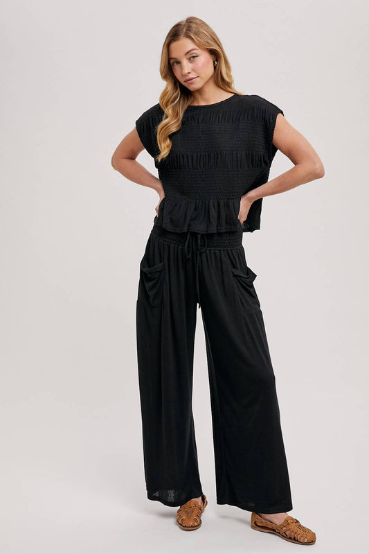 RELAXED KNIT SMOCKED TOP AND WIDE PANTS SET