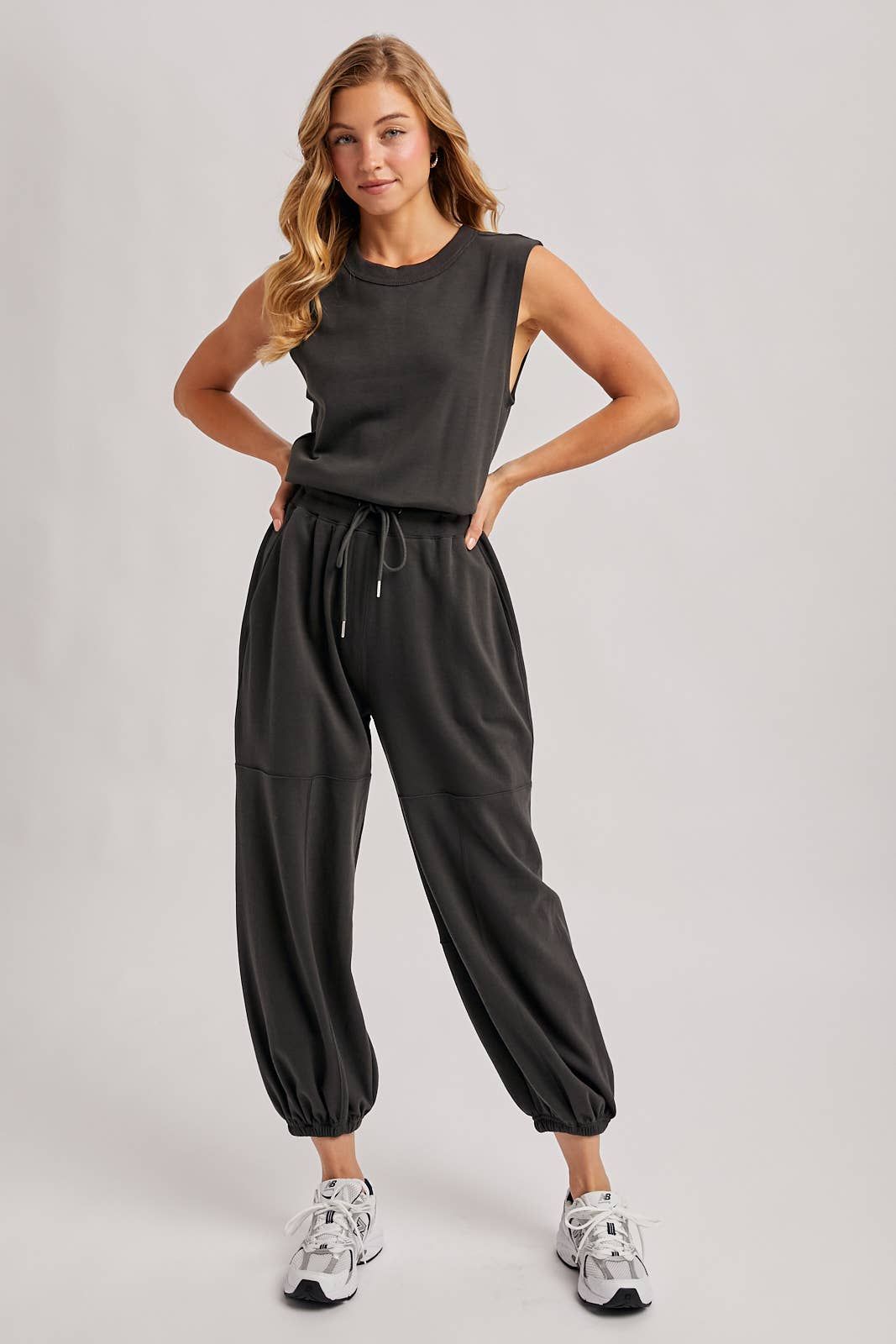 DRAWSTRING WAIST SLEEVELESS KNIT ACTIVE JUMPSUIT