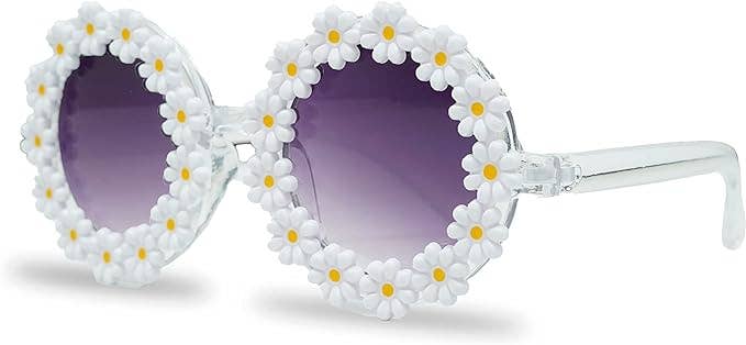 Kids Sunglasses - Round Daisy Flower - White