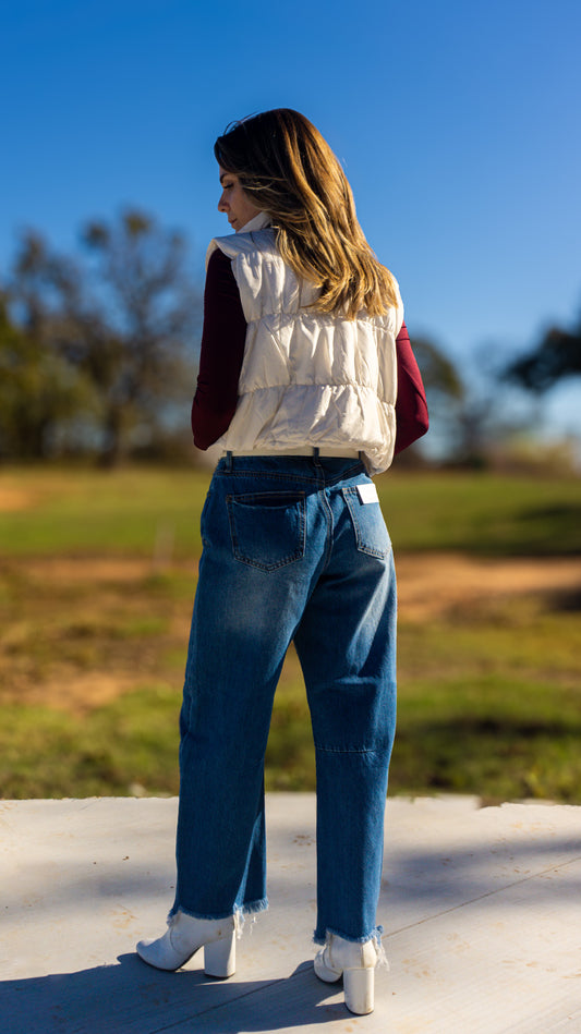 High Rise Distressed Barrel Jeans