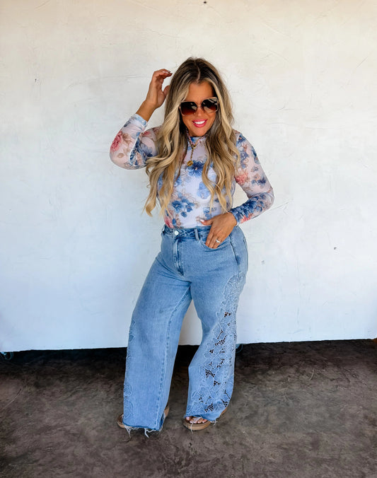 English Garden Blue Mesh Top