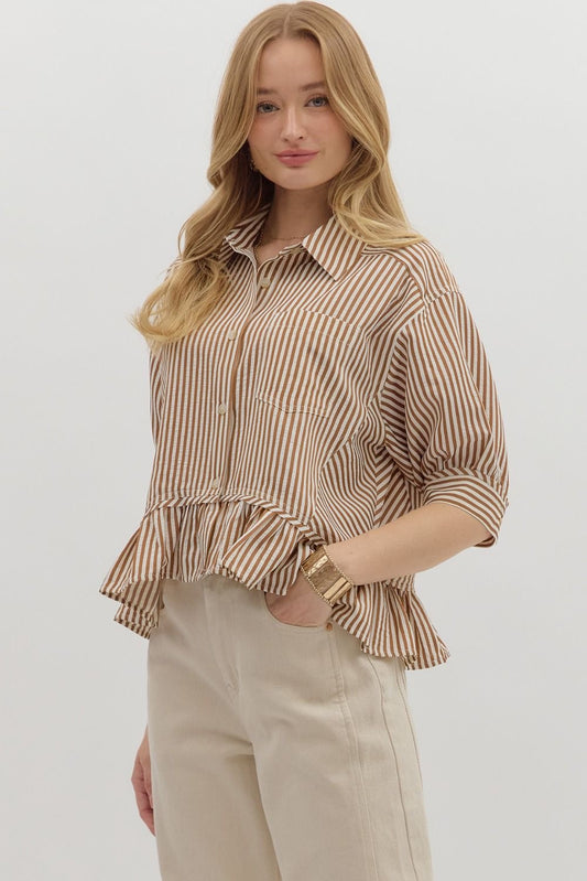 Brown Striped Ruffle Blouse