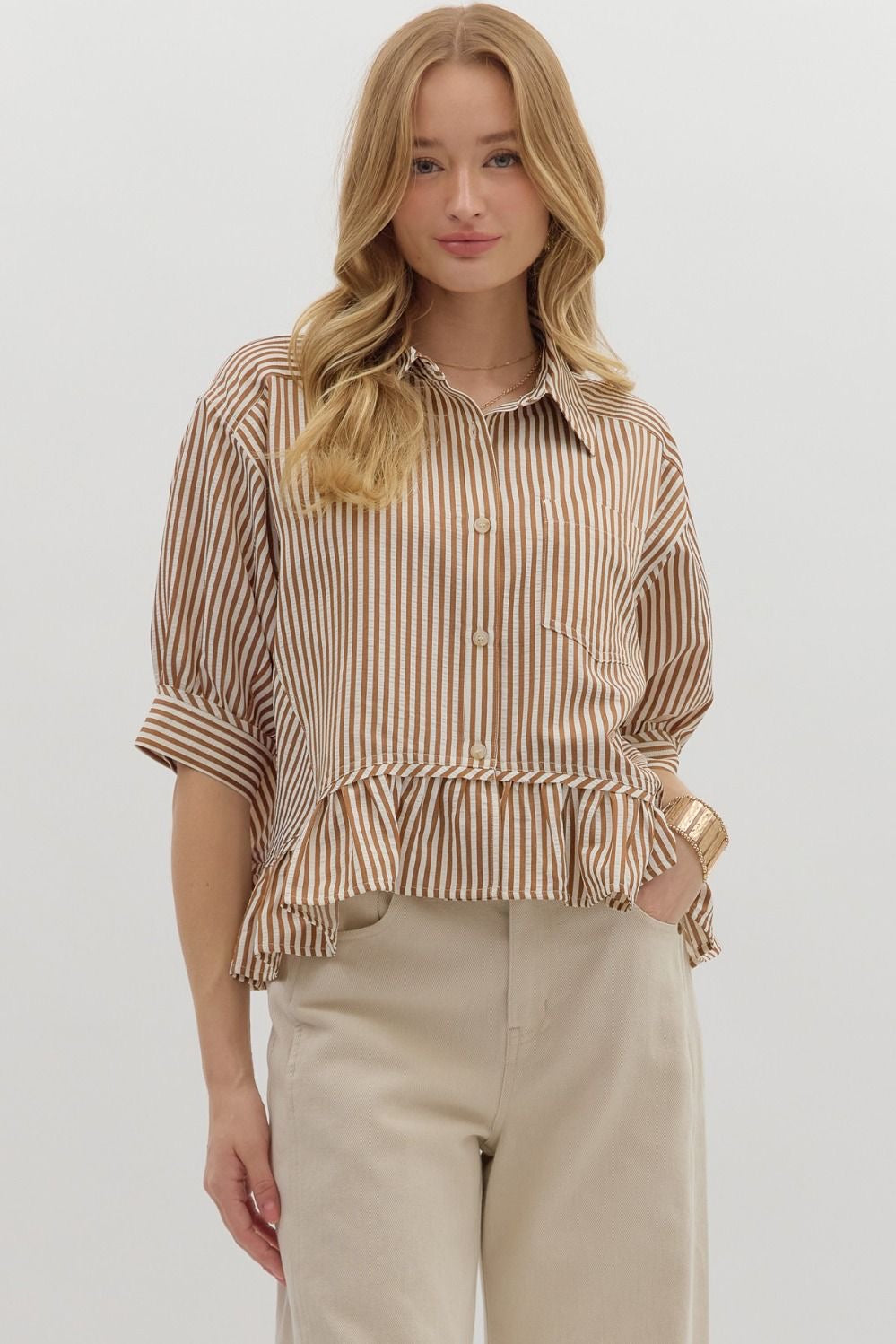 Brown Striped Ruffle Blouse