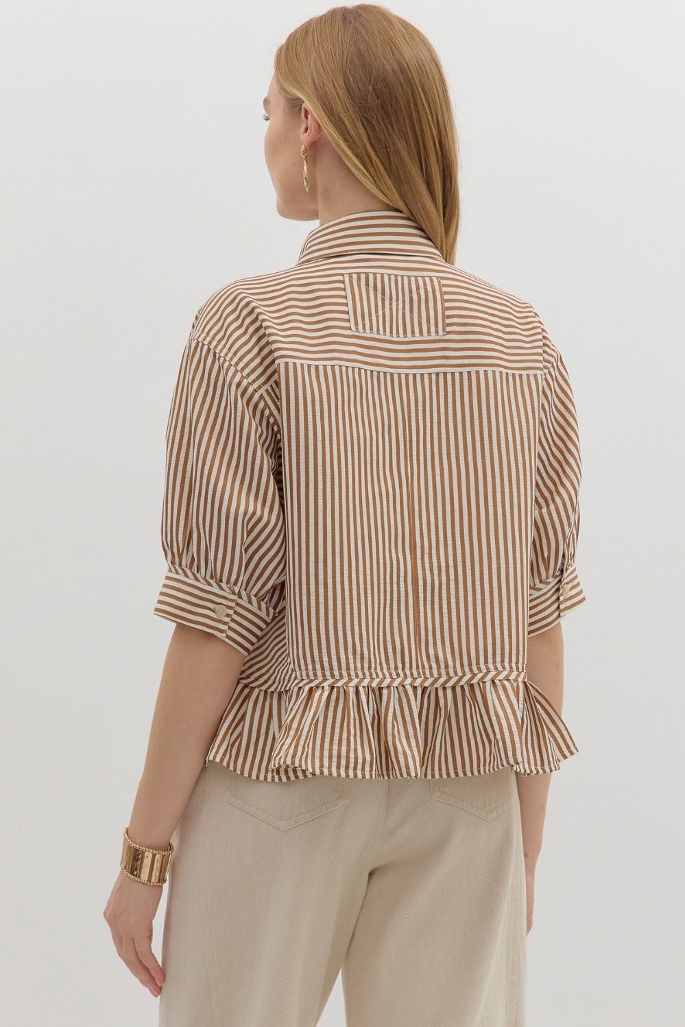 Brown Striped Ruffle Blouse