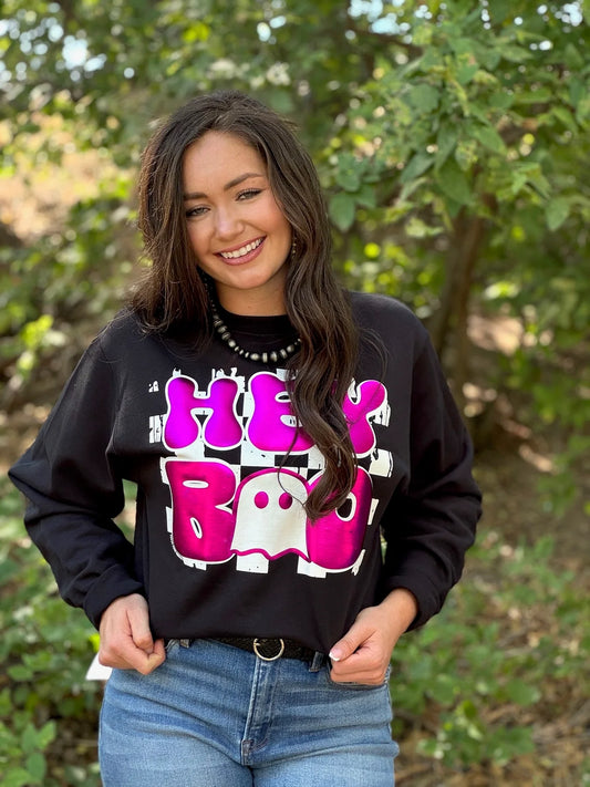 Hey Boo in Pink Metallic Puff Sweatshirt