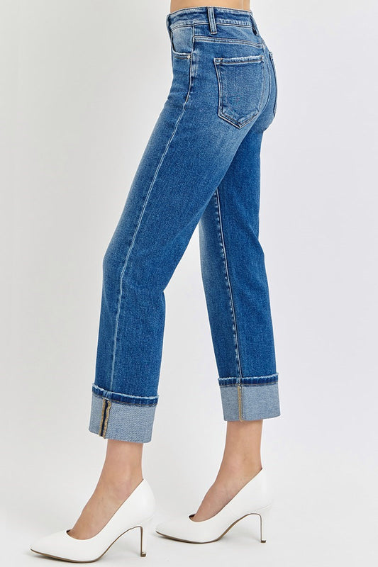 High Rise Ankle Straight Cuffed Jeans