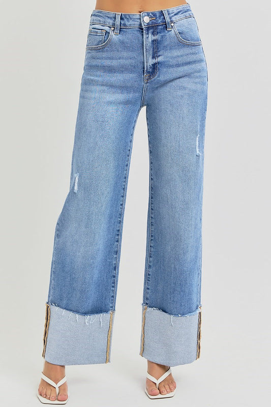 Medium Wash High Rise Wide Cuffed Jeans