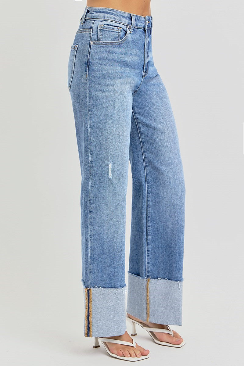 Medium Wash High Rise Wide Cuffed Jeans