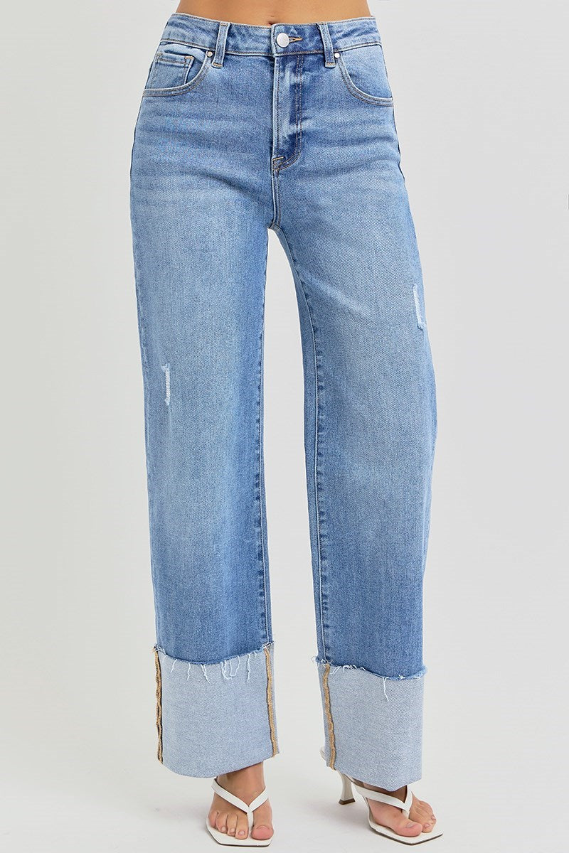 Medium Wash High Rise Wide Cuffed Jeans