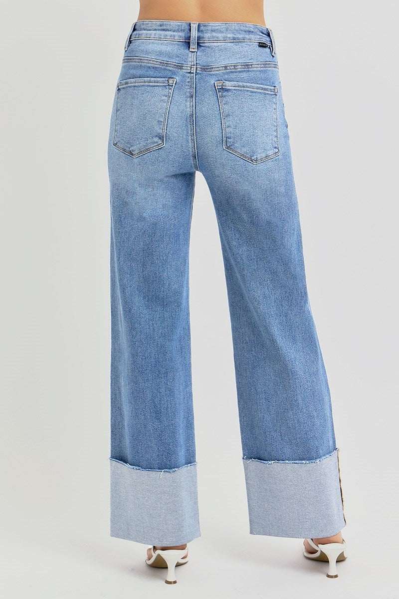 Medium Wash High Rise Wide Cuffed Jeans