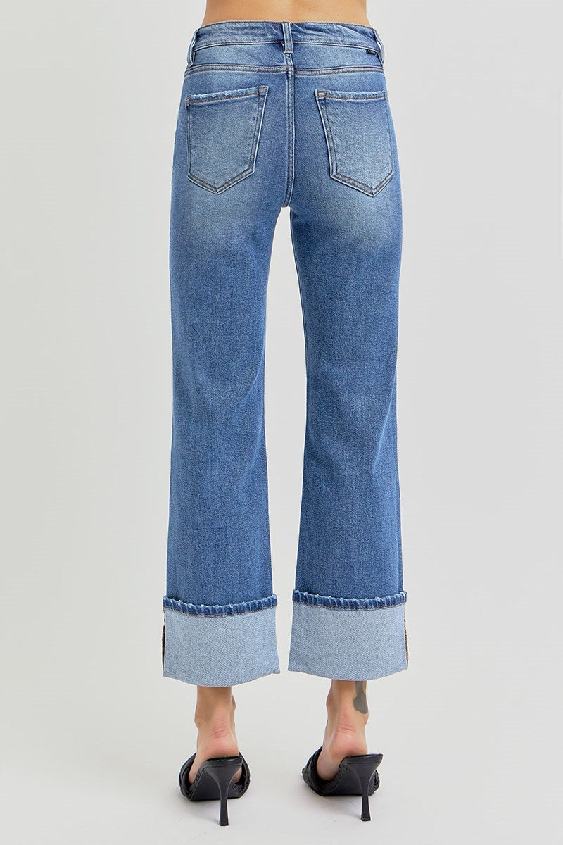 High Rise Ankle Straight Wide Cuffed Jeans