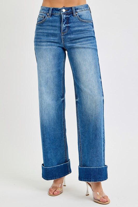 Tummy Control High Rise Ankle Wide Cuffed Jeans
