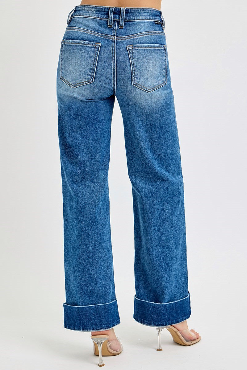 Tummy Control High Rise Ankle Wide Cuffed Jeans