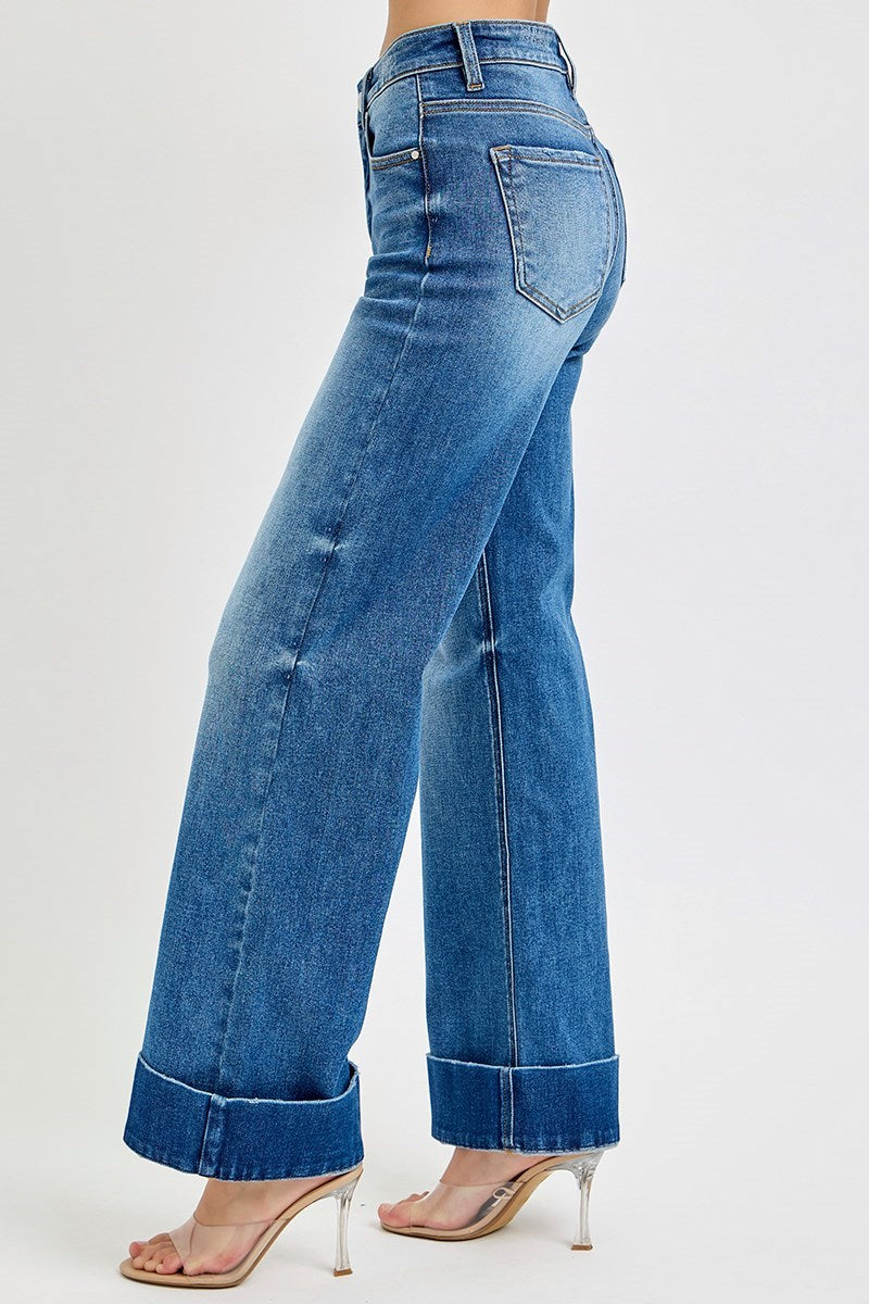 Tummy Control High Rise Ankle Wide Cuffed Jeans