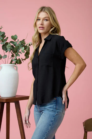 Short Sleeve Tab Button Down Blouse