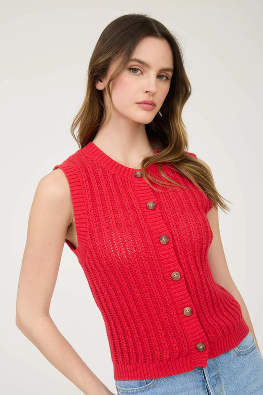 CREW NECK BUTTON DOWN SLEEVELESS KNIT CARDIGAN