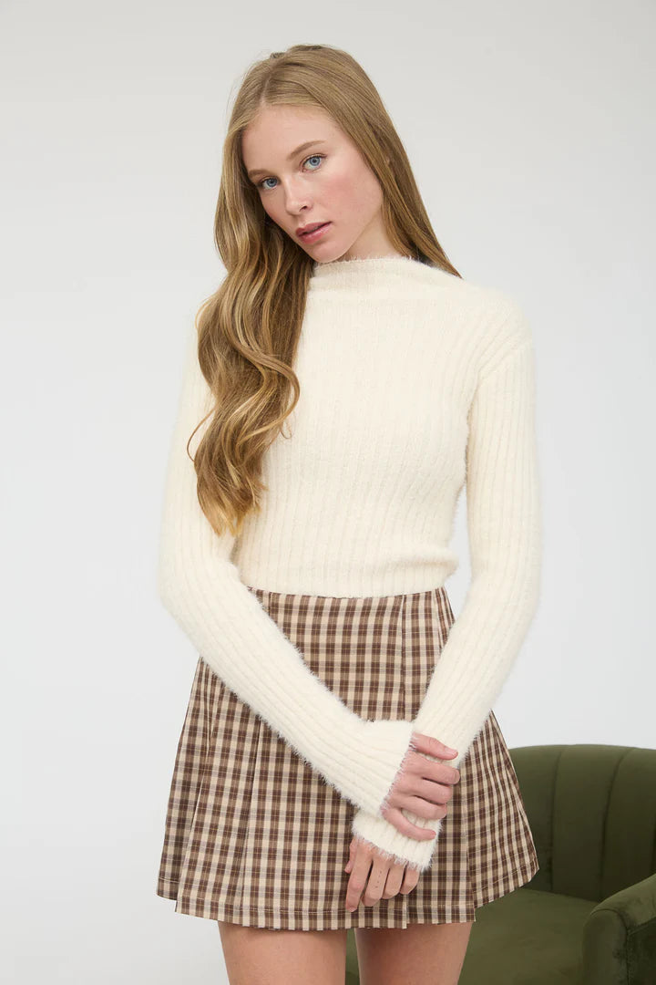 Mock Neck Fuzzy Ribbed Knit Cropped Sweater