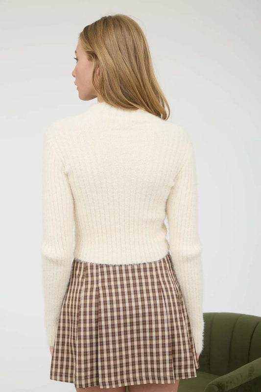 Mock Neck Fuzzy Ribbed Knit Cropped Sweater