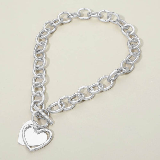 Hammered Layered Heart Pendant Chunky Chain Toggle Necklace