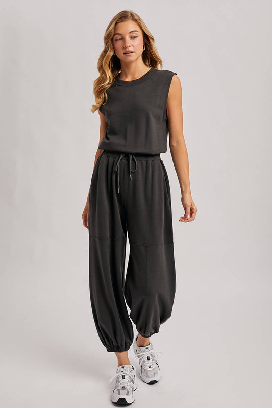 DRAWSTRING WAIST SLEEVELESS KNIT ACTIVE JUMPSUIT