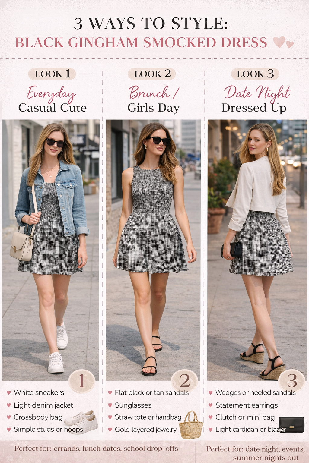 Front close up of black and white gingham smocked bodice dress