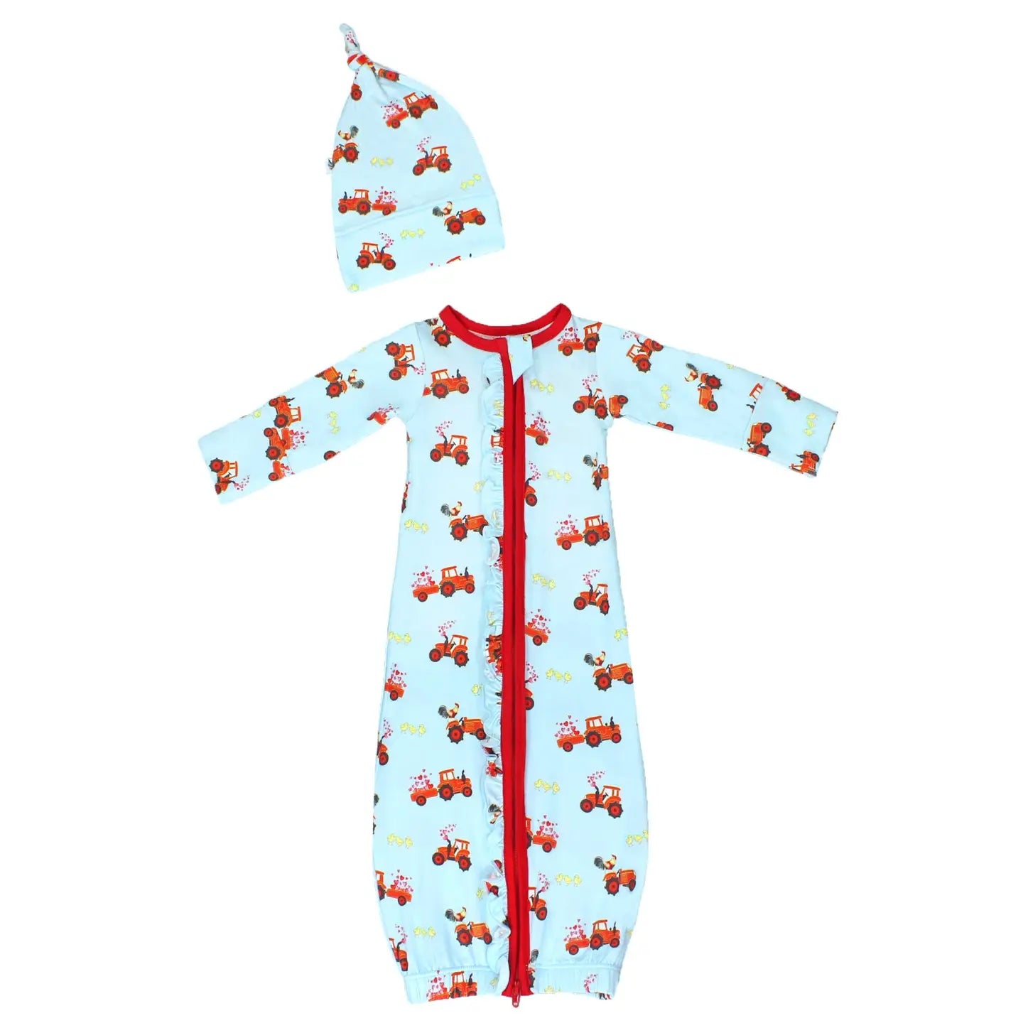 Farm Friends w/ Red Tractors Ruffle Newborn Gown & Knot Hat