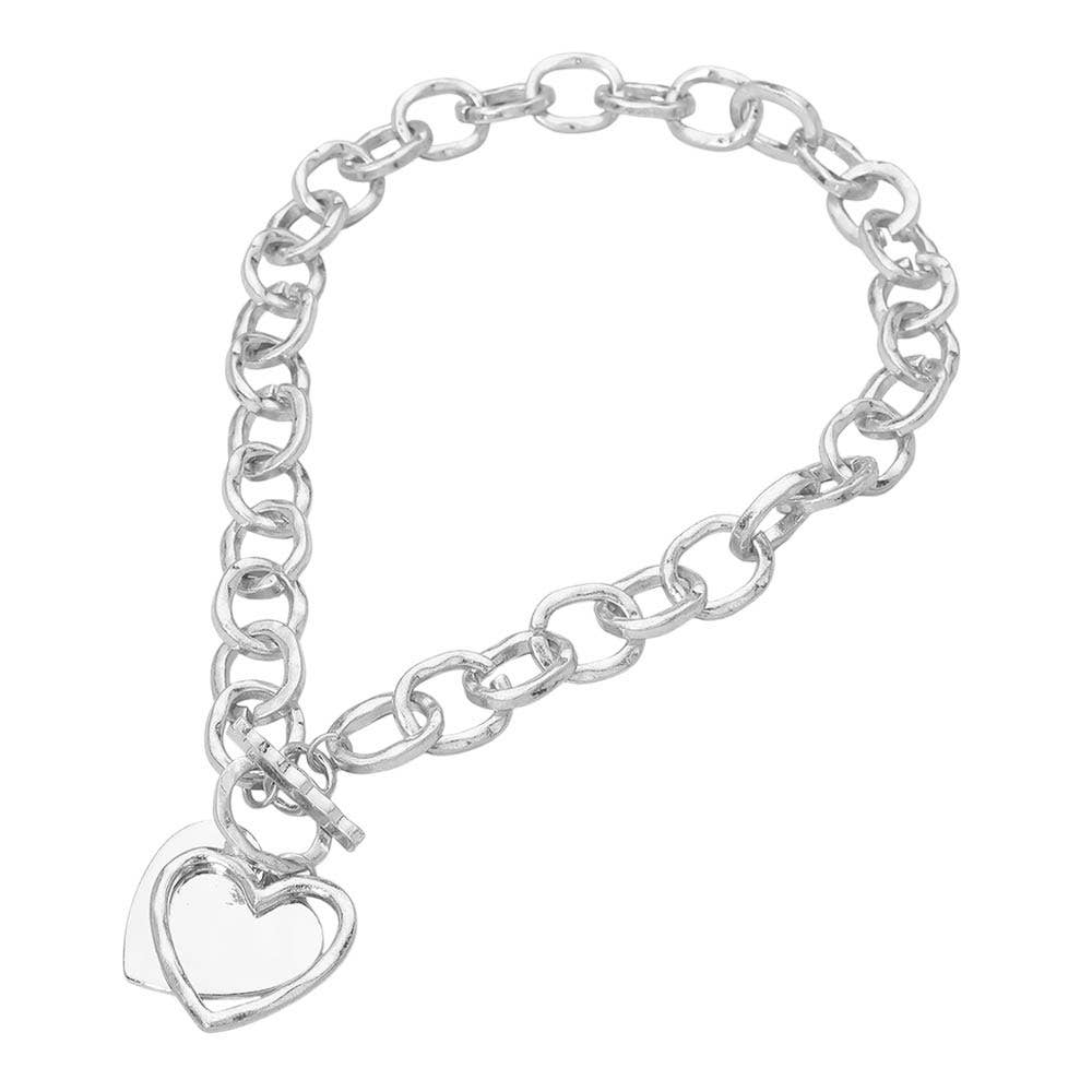 Hammered Layered Heart Pendant Chunky Chain Toggle Necklace