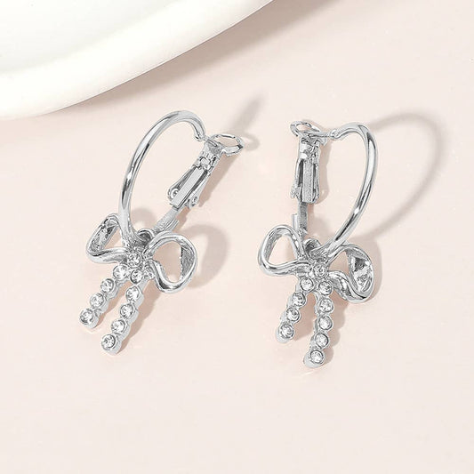 Gold Dipped Stone Accent Bow Charm Mini Hoop Earrings