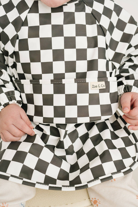 OG Checkered Bib – Long Sleeve Waterproof Baby Bib with Food Catcher Pocket
