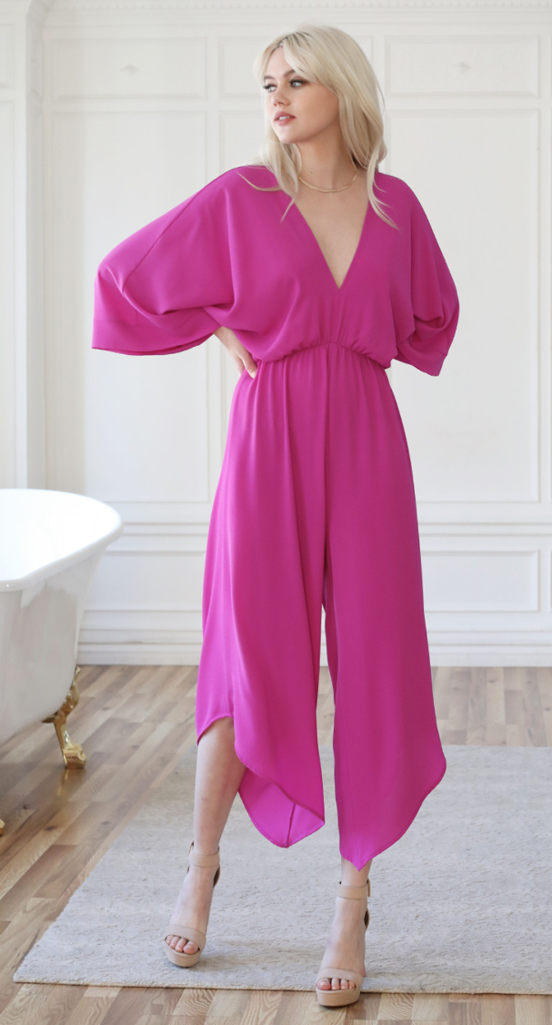 Textured Solid Slanted Hem Kimono Jumpsuit