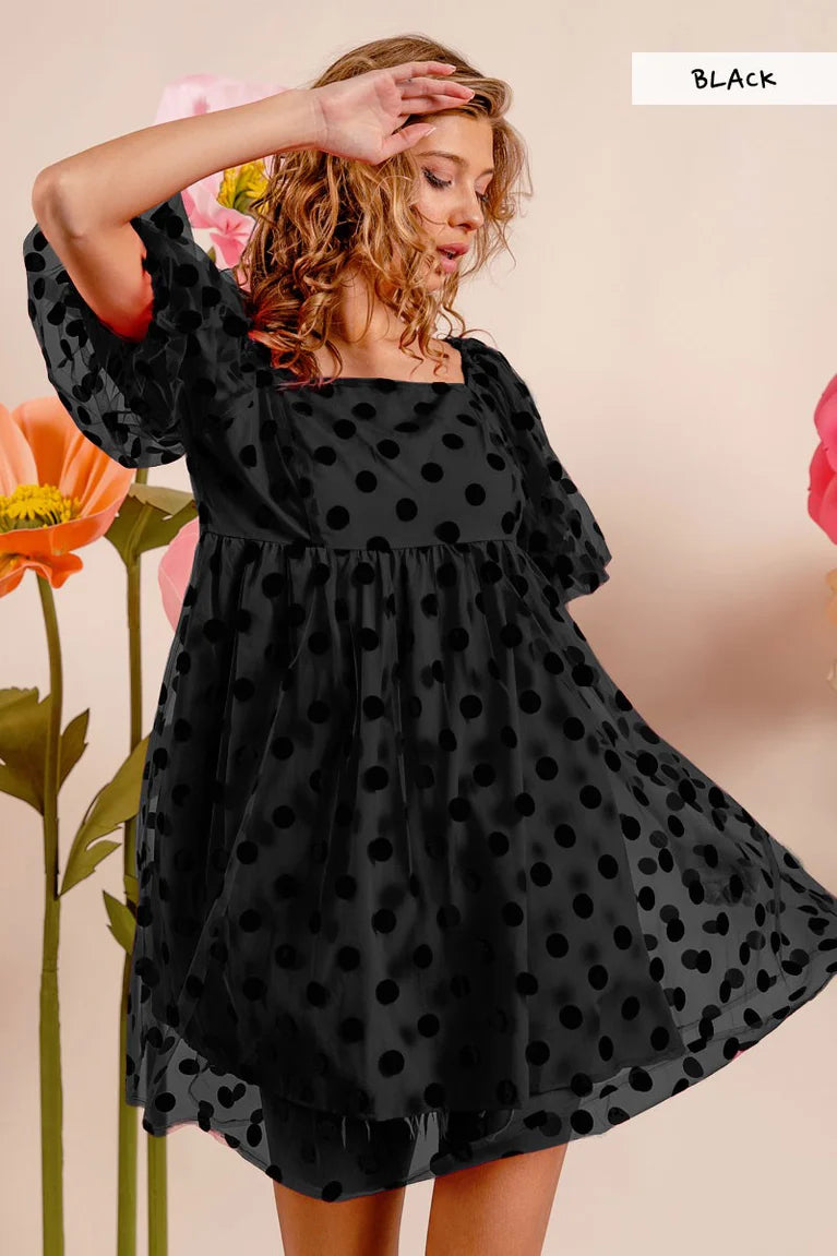 Polka Dot Mesh Puff Sleeve Dress