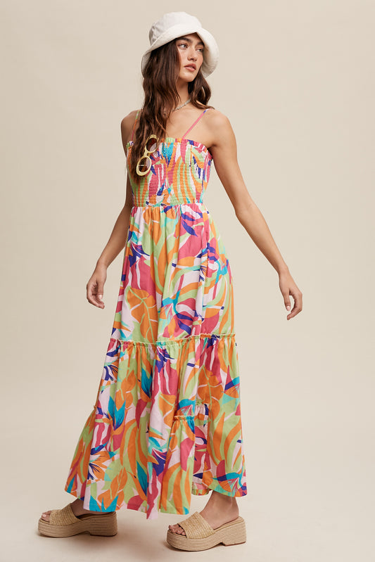 Vacation Abstract Print Smocked Summer Dress