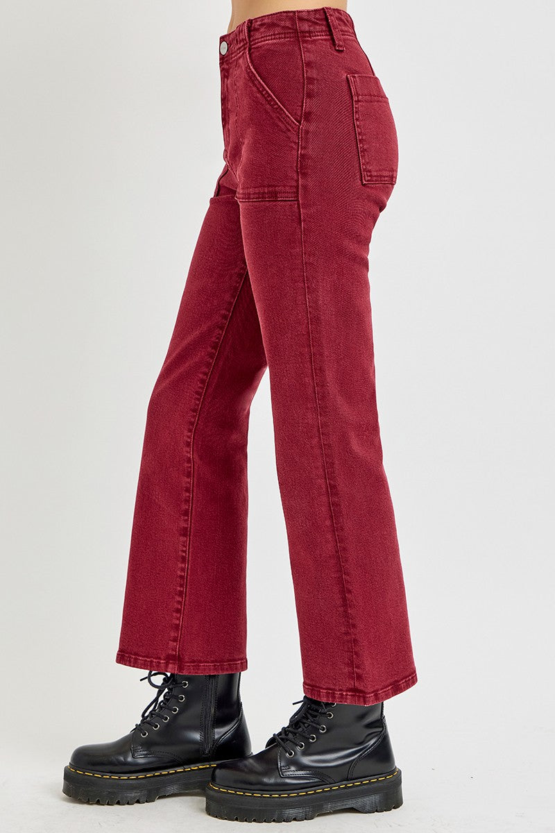 High Rise Ankle Flare Patch Pocket Jeans in Wine
