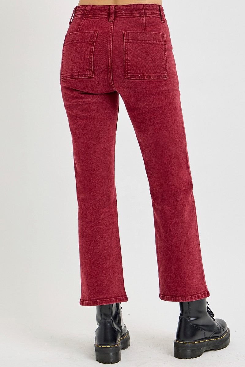 High Rise Ankle Flare Patch Pocket Jeans in Wine