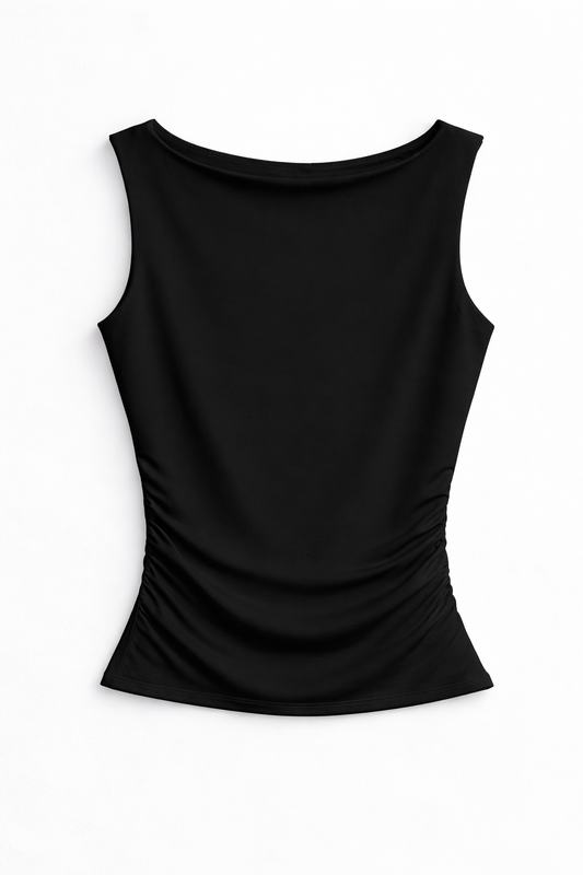 Black Blu Pepper soft buttery ruched tank top lay flat with sleeveless boat neck and flattering side ruching.