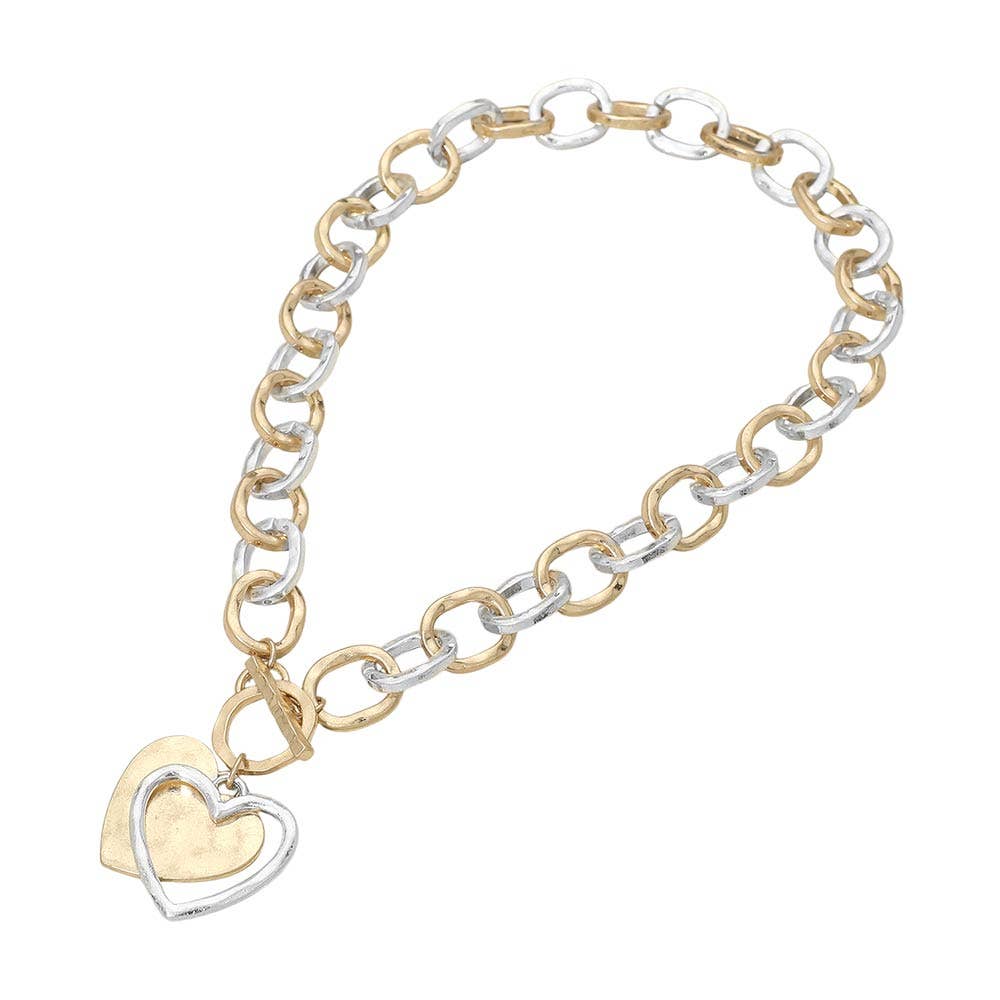 Hammered Layered Heart Pendant Chunky Chain Toggle Necklace