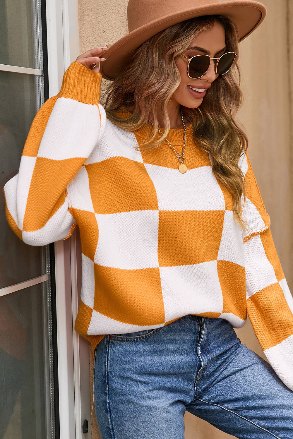 Checkered Bishop Sleeve Sweater