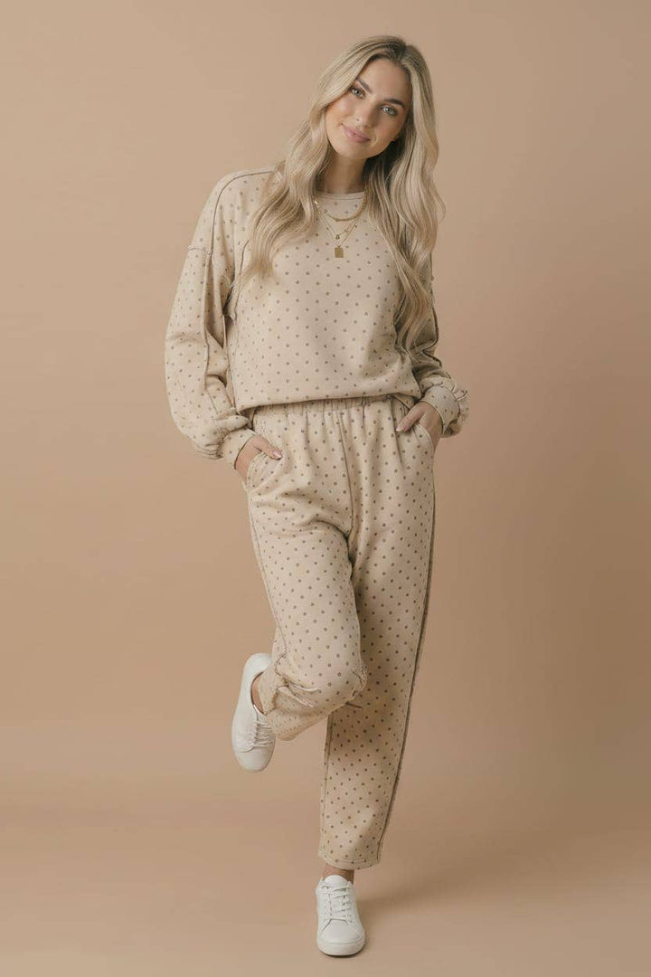 Mocha Polka Dot Barrel Pants | French Terry Elastic Waist Lounge Pants